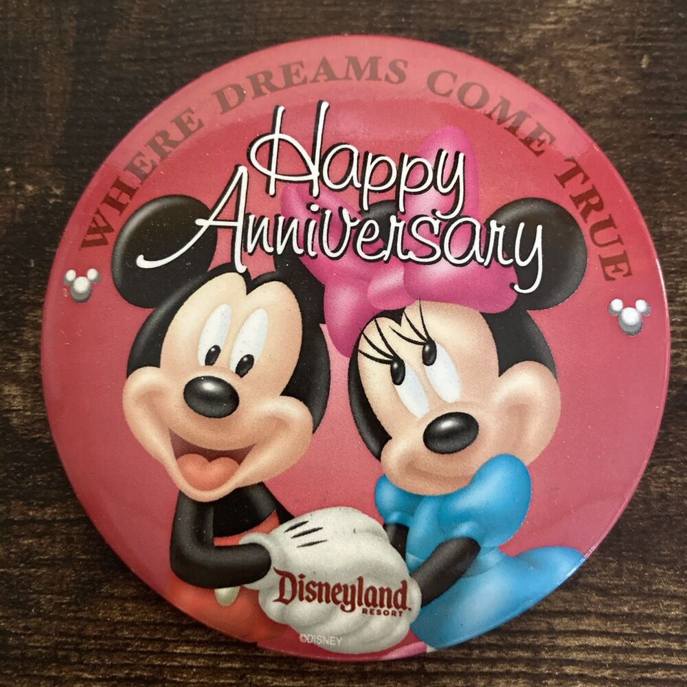 Disneyland Happy Anniversary Mickey Minnie Vintage Retired Park Pinback Button